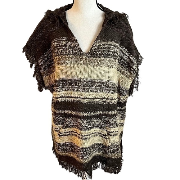 Denim & Supply by Ralph Lauren Tan & Brown Fringed Pullover Sweater Poncho Sz S - Picture 2 of 11
